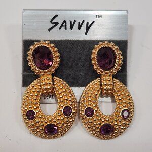 Vintage Swarovski Textured Amethyst Colored Crystal Doorknocker Earrings Clip On